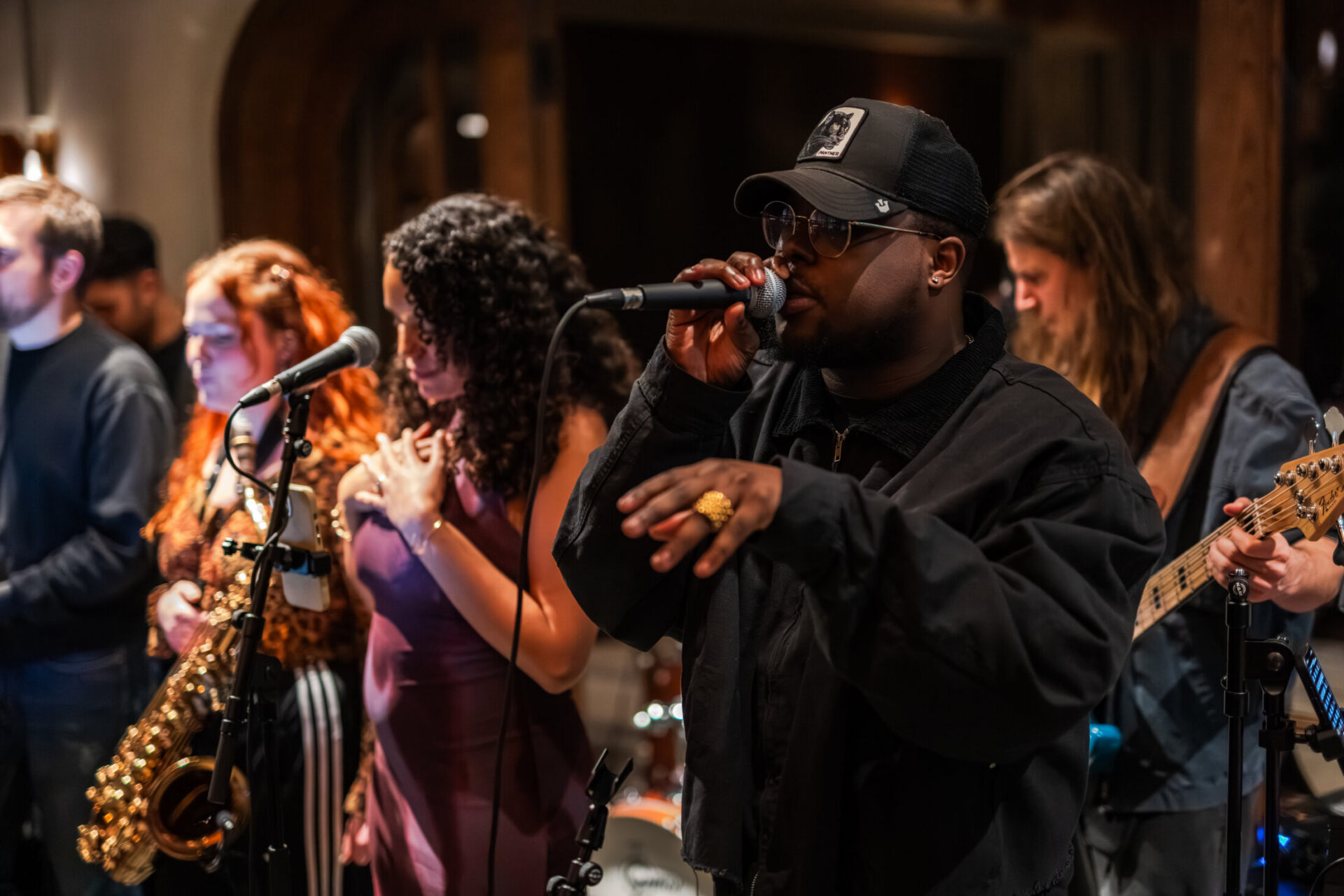 Live music performance inside Gambit Bar, the art deco-inspired underground cocktail bar at The Newman Hotel in Fitzrovia, London