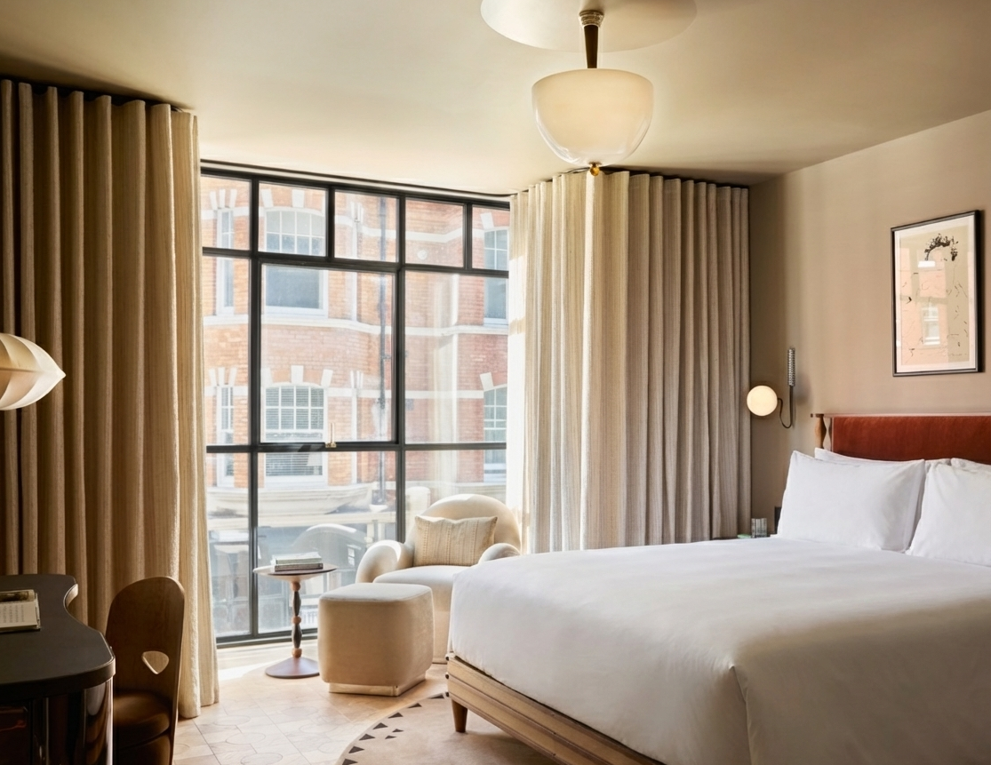 Modern hotel superior room with white bed, large windows, and neutral decor overlooking city street
