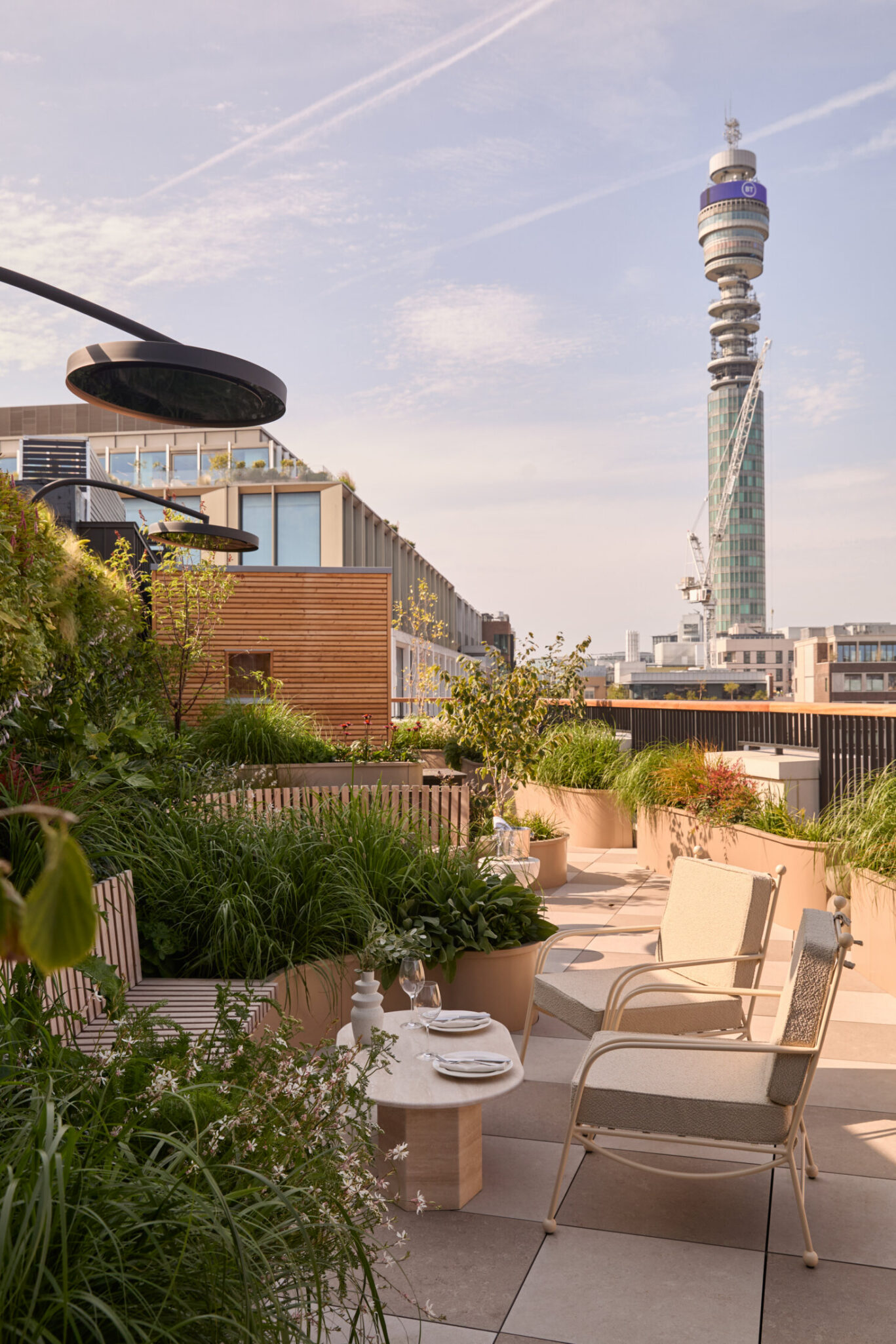 Penthouse terrace with rooftop garden views at The Newman, Fitzrovia