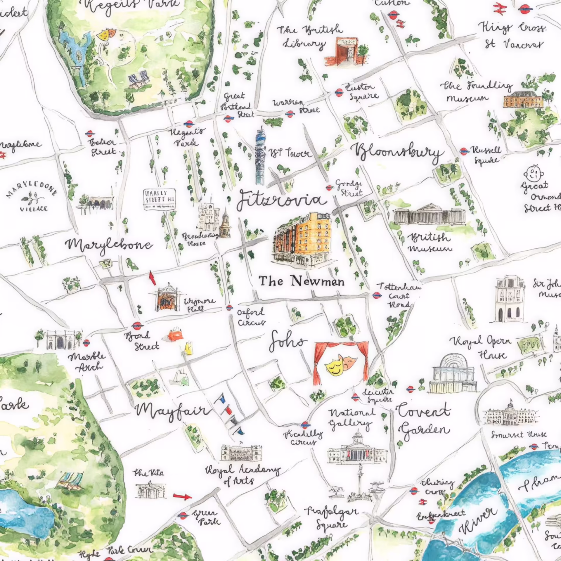 An illustrated map of Fitzrovia, with The Newman at its centre.